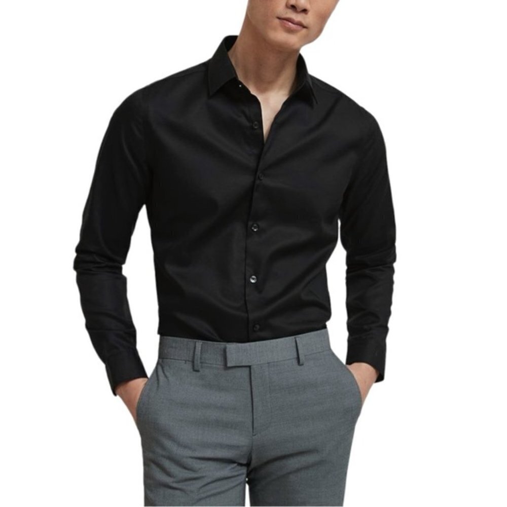 RW &Co Solid Easy-Care Cotton Twill Black Dress Shirt